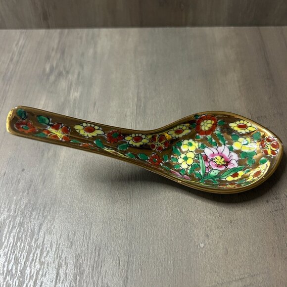 4 Vintage Hand-Painted Floral Asian Japanese Ceramic Soup Spoons Gold Accents - Picture 3 of 5